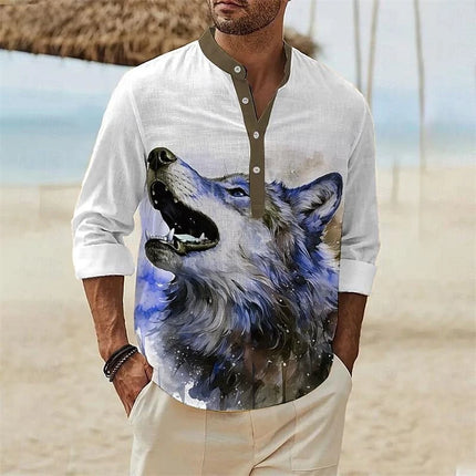Men's 3D Button Shirt T-shirt Summer New Fashion Personalized Graffiti Standing Collar Casual Long sleeved Shirt Extra Large