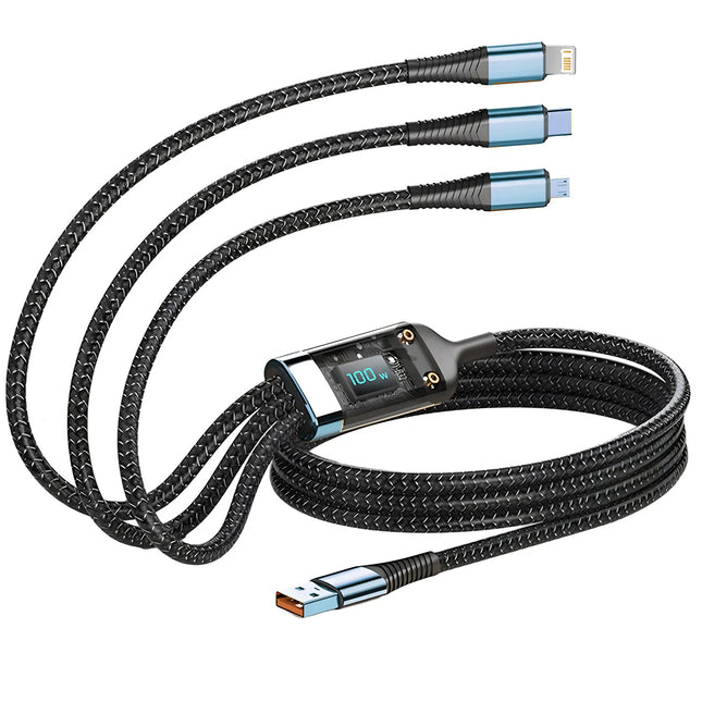 100W Fast Charging Cable Multi Charger Cable Nylon Braided Multiple USB Universal 3-in-1 Charging Cord Adapter with Type-C Micro