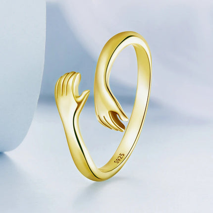 BAMOER 925 Sterling Silver Hug Open Ring Warm Love Hand Adjustable Glossy Ring for Women, His Big Loving Family Party Gift
