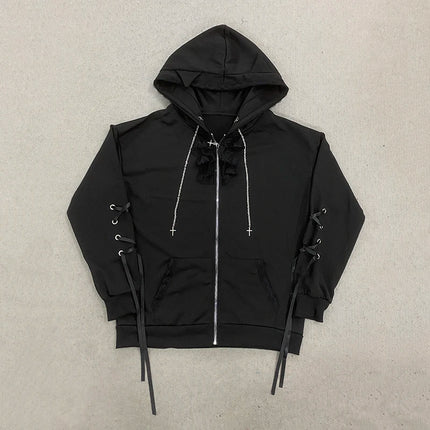 Gothic Style Hooded Zipper Cardigan Sweatshirt Women's Long Sleeve Lace Decoration Loose Lace up Jacket Summer New