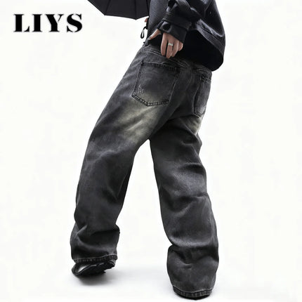 LIYS Men's Women's Retro Gray Ultra Baggy Wide-Leg Jeans Four Seasons Casual Oversized Loose Straight-Leg Denim Pants Unisex