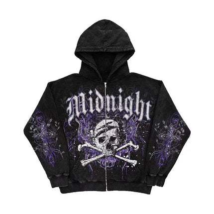 90s Tapout Gothic Zip Up Hoodies Skull Cross Wings Graphic Print Dark Streetwear Black Hooded Sweatshirts Unisex Autumn Tops