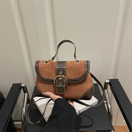 Elegant Shoulder Bag Metal Buckle Suede Leather Mix and Maillard Tones Flap Magnetic Snap Multifunction Crossbody for Commute