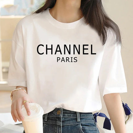Luxury Brand Machine Washable Women's Casual Elegant Fashion CHANEL Graphic T-Shirt O-Neck Short Sleeve Top Women's Clothing