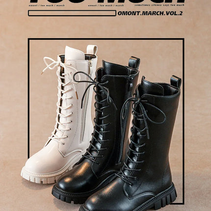 Girls' Boots Autumn Winter British Style Lace Up Long Boots Solid Color Princess Leather Boots Plus Velvet Kids Knight Boot