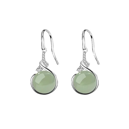 PANJBJ 925 Sterling Silver Jade Drop Earring for Women Zircon Round  Classic Grace Ethnic Jewelry Anniversary Gift Dropshipping