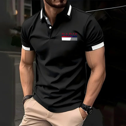 Parisian print short-sleeved polo shirt for men's casual style, multi-functional lapel shirt, summer street men's casual breatha