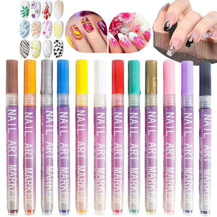 12 Colors Nail Art Pens Set,Nail Polish Pens Drawing Painting Point Liner Acrylic Painted Pen Kit, Waterproof and Quick-drying
