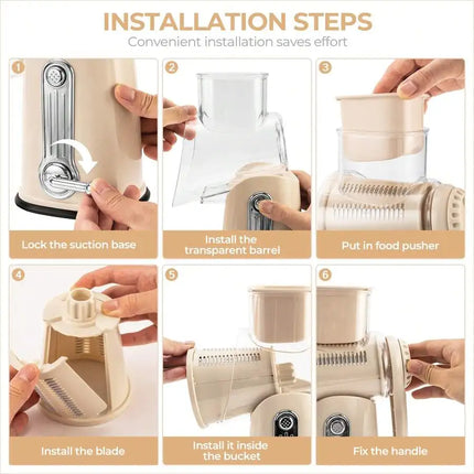Rotary Cheese Grater With Handle - Food Shredder With 5 Well-Designed Blades & Strong Suction Base,Round Mandoline Slice