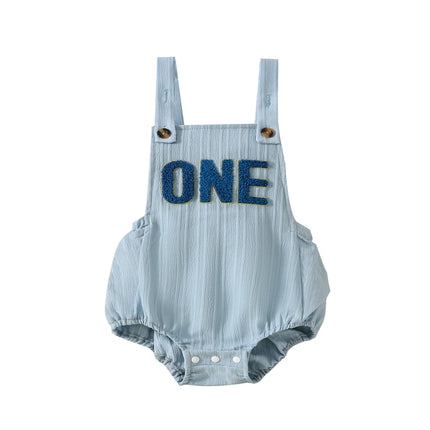 Pudcoco Infant Baby Girls Boys One Birthday Summer Romper Infant Sleeveless Letter Embroidery Button Casual Overalls 9-18M