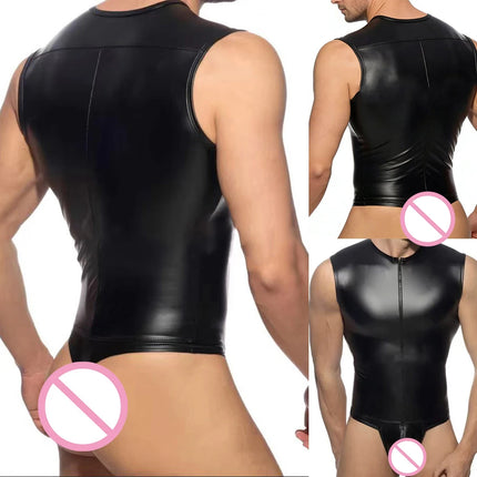 Men's Faux Leather Zipper Bodysuit Gay Bulge Pouch Tight Clubwear Tank Tops Vests Tights Clubwear T-shirt Leotard