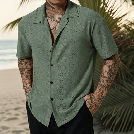 Men's Vacation Casual Style Knitted Geometric Striped Crochet Textured Jacquard Loose Short-Sleeve Shirt Hawaiian Beach Shirts
