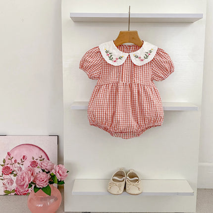 0-3Yrs Toddler Baby Girls Rompers Embroidery Bodysuit Girls Jumpsuits Princess Girls Pink Grid Rompers Toddler Summer Clothing