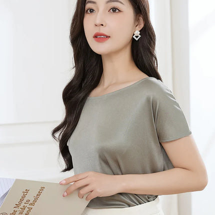 Summer women's short sleeved acetate fabric high-end knitted women's T-shirt thin European style hot selling women's T-shirt