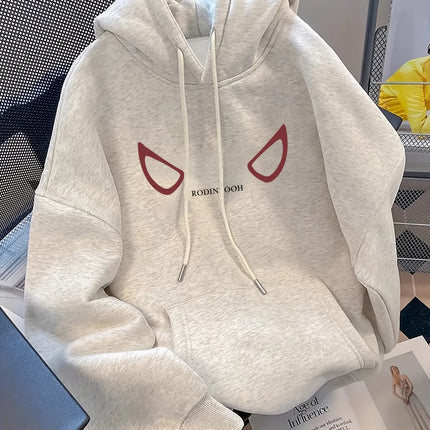 American High Street Cartoon Devil Eye Print Men Women Hooded Sweatshirt Autumn Winter Daily Outdoor Casual LooseWarm Sportswear