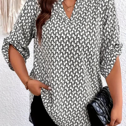 Plus Size 1XL-5XL Women's All Over Print Notch Neck Blouse Casual 3/4 Sleeve Blouse for Spring & Fall Women's Plus Size Clothing