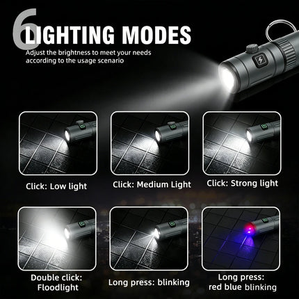 Mini Keychain Flashlight USB Rechargeable LED Pocket Torch with Necklace Portable 6 Lighting Modes Camping Emergency Lantern