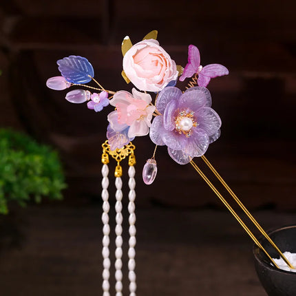 Fairy Purple Flower Hair Stick Chinese Tang Costume Hair Accessories Fringe U-shaped Hairpin Vintage Cheongsam Hair Bun Jewelry