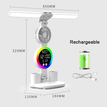 LED Table Lamp with Fan And Clock Display Reading Desk Light for Study Night Light Adjustable Brightness