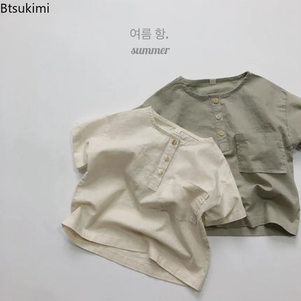 Retro Breathable Polo Shirt Korean Style Children's Summer Cotton and Linen Round Neck T-shirt Boys Girls Simple and Loose Top
