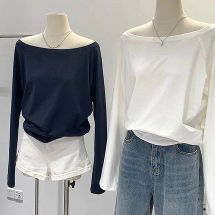 One Shoulder Cotton Slant Shoulder Long Sleeve Women's Interior-Style Wide Truffle Shoulder Base Autumn Winter Shirt