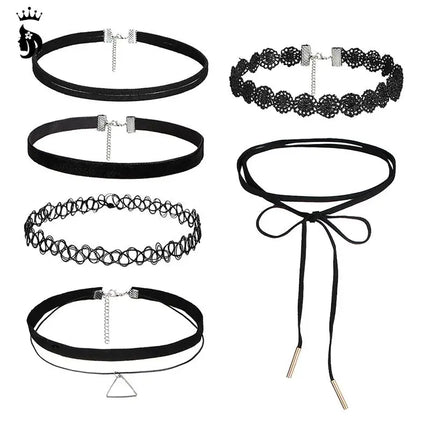 6Pcs/set Gothic Tattoo Black Lace Leather Velvet Collier 90S Punk Style Choker Necklaces