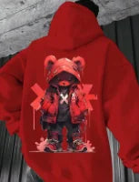 Men's Black OG Bear Graphic Hoodie with Red X Design and Drip Effect, Streetwear Pullover for Urban Fashion
