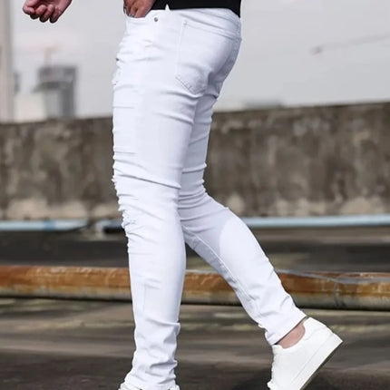 Men White Skinny  Stretch Jeans Spring Casual High Street Fashion Biker American Trend Denim Pants Distressed Hip Hop Trousers