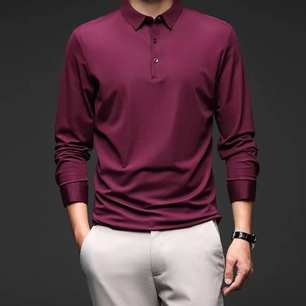 Minglu Mulberry Silk Men's Polo Shirts Luxury Long Sleeve Solid Color Golf Male T-shirts Spring Autumn Business Casual Man Tees