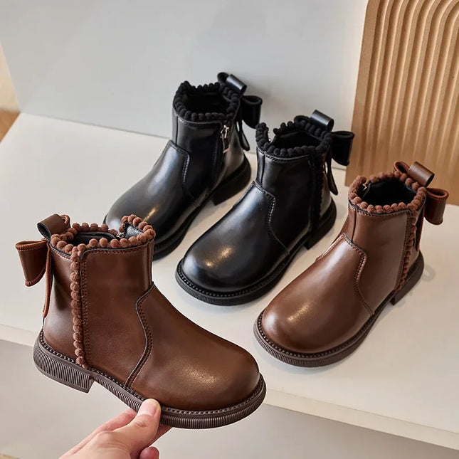 Girls Ankle Boots with Back Bow-knot Kids Short Boots Soft Sole 2025 New Girls' Princess Leather Boots with Warm Cotton Side Zip