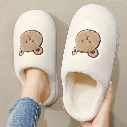 Cute Bear Cotton Slippers for Women Winter Indoor Non-slip Slides Plush Warm Men Home Sandals Flat Shoe Couples Flip Flops