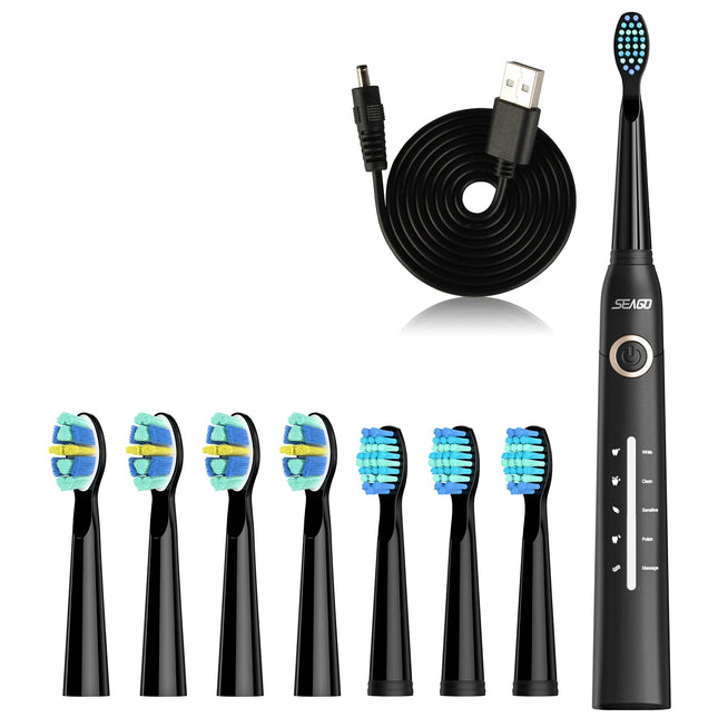 Seago Electric Toothbrush Adults Toothbrush 30 Days Long Battery Life 2Minutes Smart Timer 5 Modes with 8 Replacement Brush Head