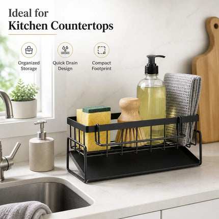 Metal Kitchen Sink Organizer Heavy Duty Caddy Countertop Sponge Holder with Drain Tray for Dish Soap and Scrubber Storage