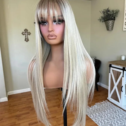 Ombre Platinum Blonde Wig Straight Lace Front Wig With Bangs 13x4 HD High Quality Synthetic And Blend Lace Pre Plucked Cosplay