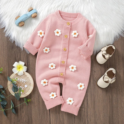 Citgeett Spring Infant Baby Girls Knit Romper Long Sleeve Button Flower Fall Jumpsuit Sweater Pink Clothes