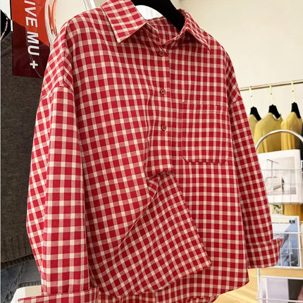 2026 Y2k  Women New Vintage Red Plaid Turn-down Collar Over-shirt Long Sleeve Streetwear Loose Patchwork Harajuku Blouses