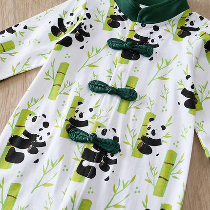 Baby's New Chinese Style Jumpsuit With Pure Cotton Buckle Design And Panda Print Baby Spring And Autumn Clothes