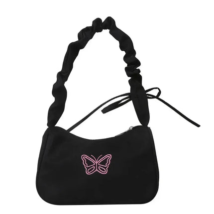 Embroidery Bowknot Butterfly Shoulder Bag Y2k-Style Ruffle Handle Nylon Bow Tote Bag Makeup Lipstick Bag Handbag New