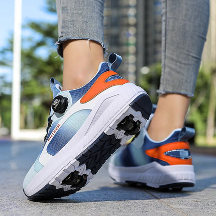 Kids Two Wheels Roller Skating Shoes with Light Magic Stick Walking Shoes, Detachable Wheels Roller Skate Shoes for Teenagers