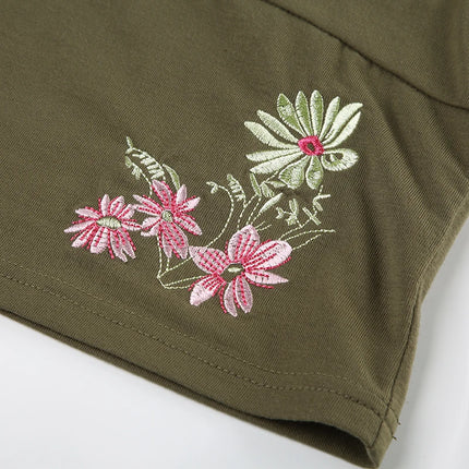 SUCHCUTE Retro Green Floral Embroidery V Neck Cap Sleeve Tops Y2k Women's Slim T-shirt Chic Streetwear Slim Top Summer Clothes