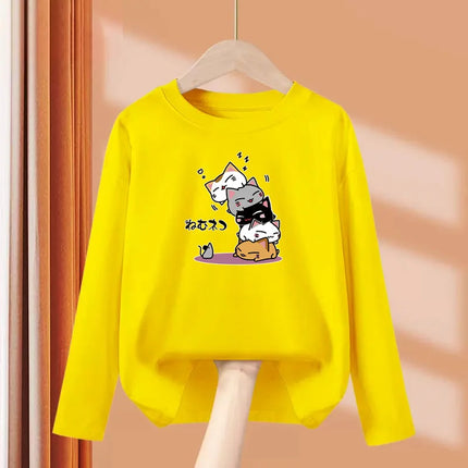 Childrens Spring Autumn T-shirt Human Pyramid Cat Cartoon Shirt Boys Girls Long Sleeved Top Cotton Clothing