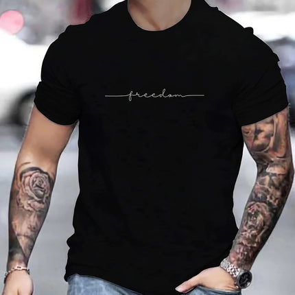 Men's Summer Loose Size 100% Cotton Freedom Graphi Print Casual Slim Fit Round Neck Short Sleeve T-shirt Top