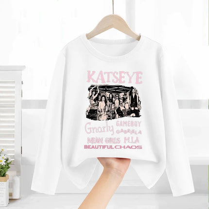 Katseye Child Long-Sleeved T-shirt Sweet Fashion Girl Shirts Spring Leisure Cotton Kid Tee Trendy Cool Clothes Top Birthday Gift