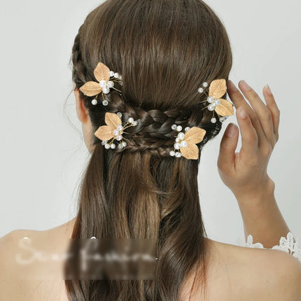 Handmade Pearl Flower Hairpin Gold Color Leaf Shaped Metal Wedding Bride Hair Clips Hair Jewelry Accessories Bride Hair wear