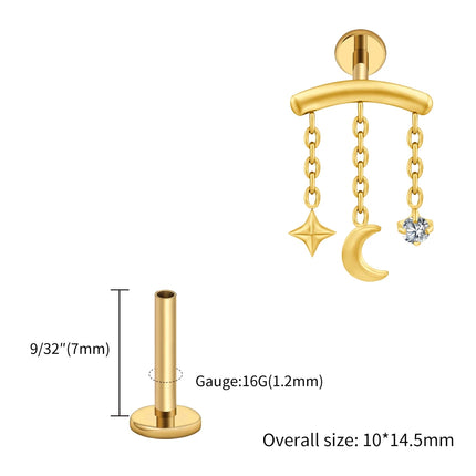 Right Grand ASTM F136 Titanium Hidden Helix Chain Earring 16G Dainty Star Moon CZ Dangle Cartilage Stud Piercing Jewelry
