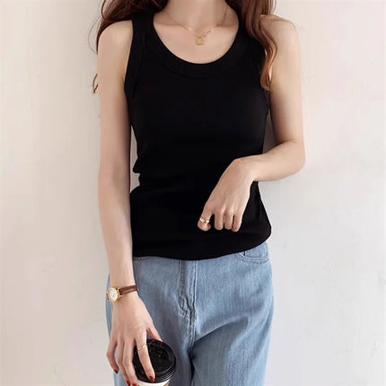Summer 2026 Slim Fit Elastic Ribbed Cotton Knitted Vest Women's Base Layer Tank Top Anti-Light Inner Wear Straight Cut Regula...