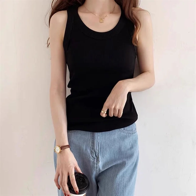 Summer 2026 Slim Fit Elastic Ribbed Cotton Knitted Vest Women's Base Layer Tank Top Anti-Light Inner Wear Straight Cut Regula...