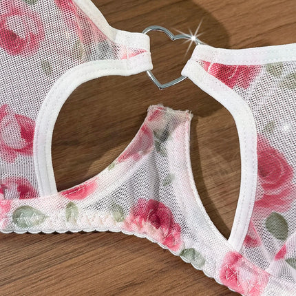 French Romantic Pink Rose Print Sheer Mesh Lingerie Set Heart Cutout Underwire Bra & Thong
