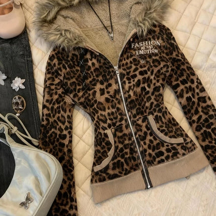 Y2K Hot Girl Autumn Winter Harajuku Vintage Leopard Print Slim Fit Sweatshirt Women Gothic Fur Collar Zipper Long Sleeve Hoodie