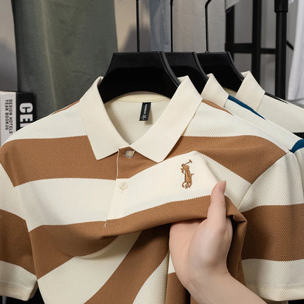 Men's Contrasting Striped Lapel Short Sleeved T-shirt, Summer Dad Outfit, New Cool POLO Top